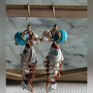 Articulating 14K Gold Koi Fish Enamel Good Luck Dangle Earrings Blue White